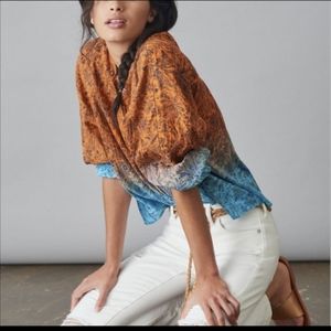 Anthropologie Pilcro Evita Ombre Floral Boho Peasant Buttondown Blouse Size L